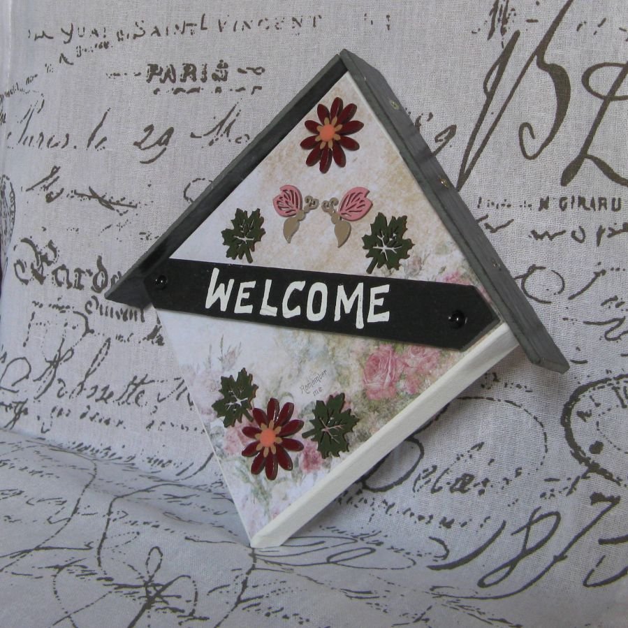 Tableau Welcome en Ardoise et Bois motifs Abeilles Rose et Feuilles Vertes, Création Unique