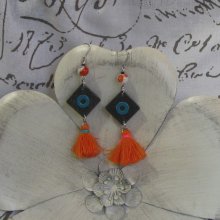 Large Slate and Orange and Blue Pompon Earrings, Unique Creation