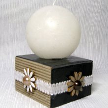 Shabby Chic Style Candle Holder in Wood and Slate with Floral Pattern, Unique Creation