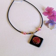 Slate and Pink cabochon pendant for Woman mounted on a Black Silicone Cord with Pearls, Unique Creation