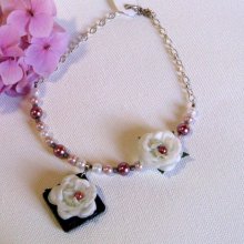 Slate Wedding Necklace for Women with White Flowers and Pearl Beads, Unique Creation 