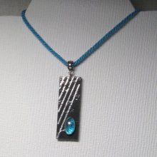 Pendant woman in slate and blue glass cabochon on blue cotton cord handmade