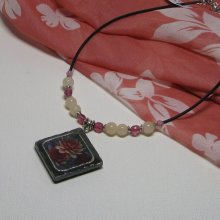 Slate Necklace Pink Flowers on Silicone Cord and Pearls, Unique Handmade Creation