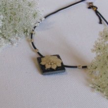 Slate Necklace Pendant for Woman with a Ecru Flower on a Black Silicone Cord, Unique Creation