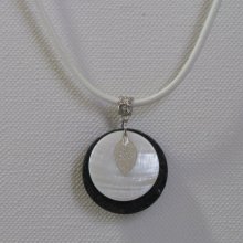 Slate pendant, pearl and stainless steel leaf on white leather cord