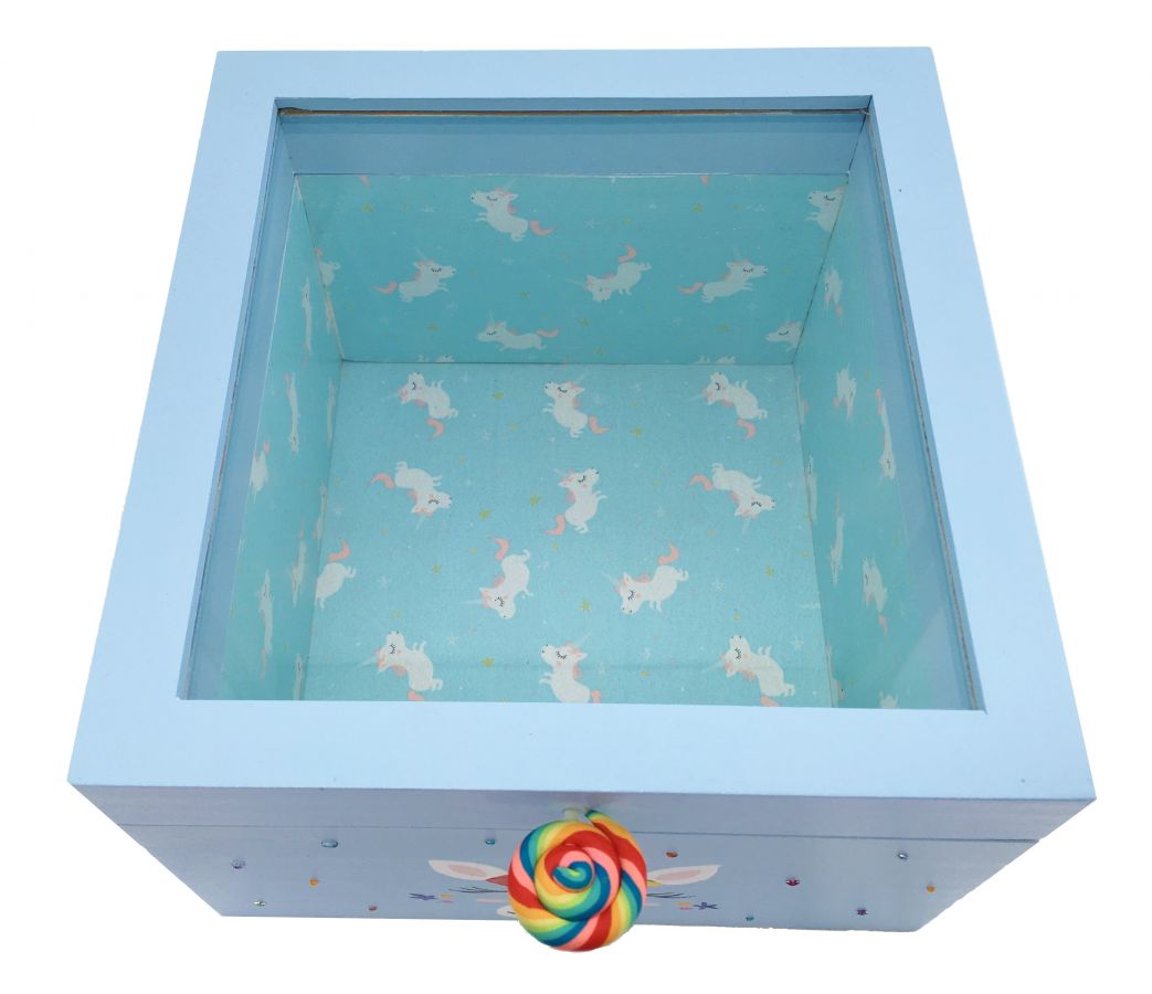 Wooden box and its glass lid. Model : blue unicorn