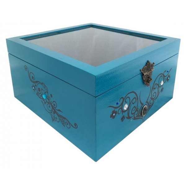 Wooden box and its glass lid. Model : tribal blue