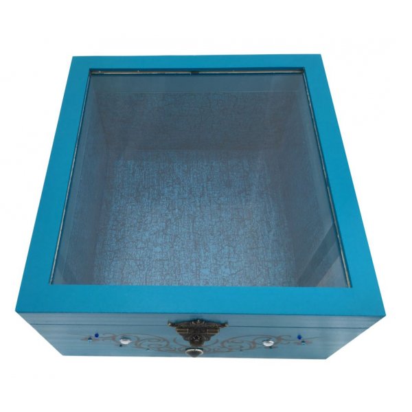 Wooden box and its glass lid. Model : tribal blue