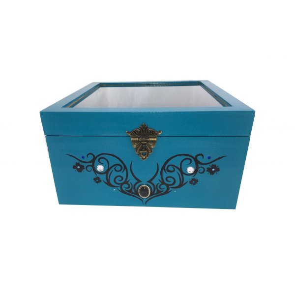Wooden box and its glass lid. Model : tribal blue