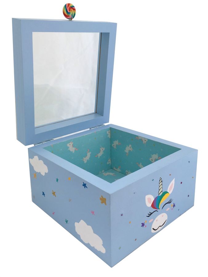 Wooden box and its glass lid. Model : blue unicorn