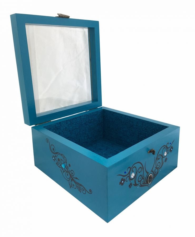 Wooden box and its glass lid. Model : tribal blue