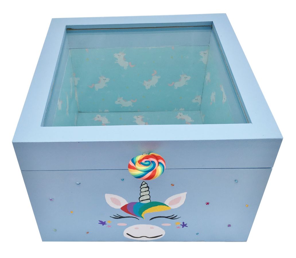 Wooden box and its glass lid. Model : blue unicorn