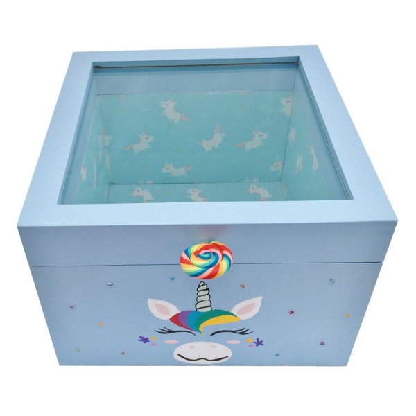Wooden box and its glass lid. Model : blue unicorn