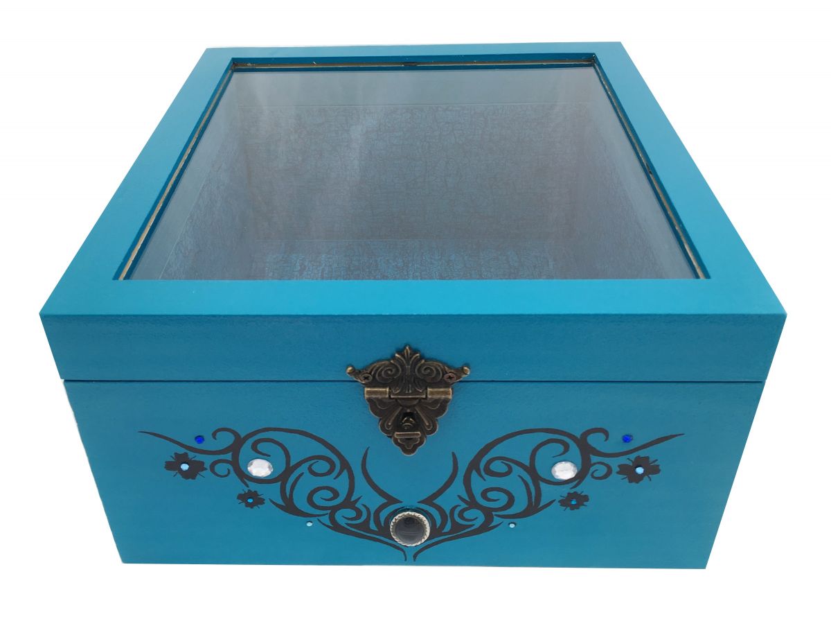 Wooden box and its glass lid. Model : tribal blue