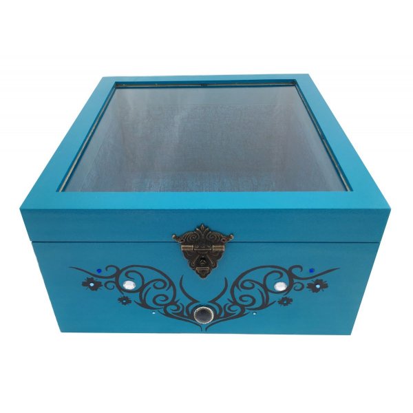 Wooden box and its glass lid. Model : tribal blue