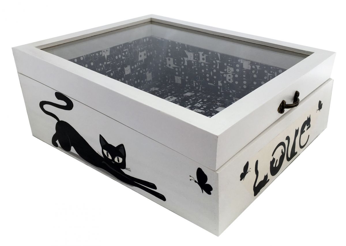 Wooden box inclined and its glass lid. Model : love cat