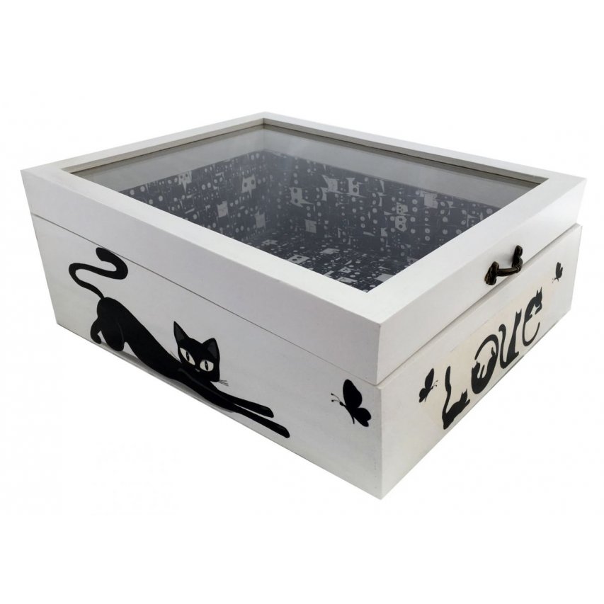 Wooden box inclined and its glass lid. Model : love cat