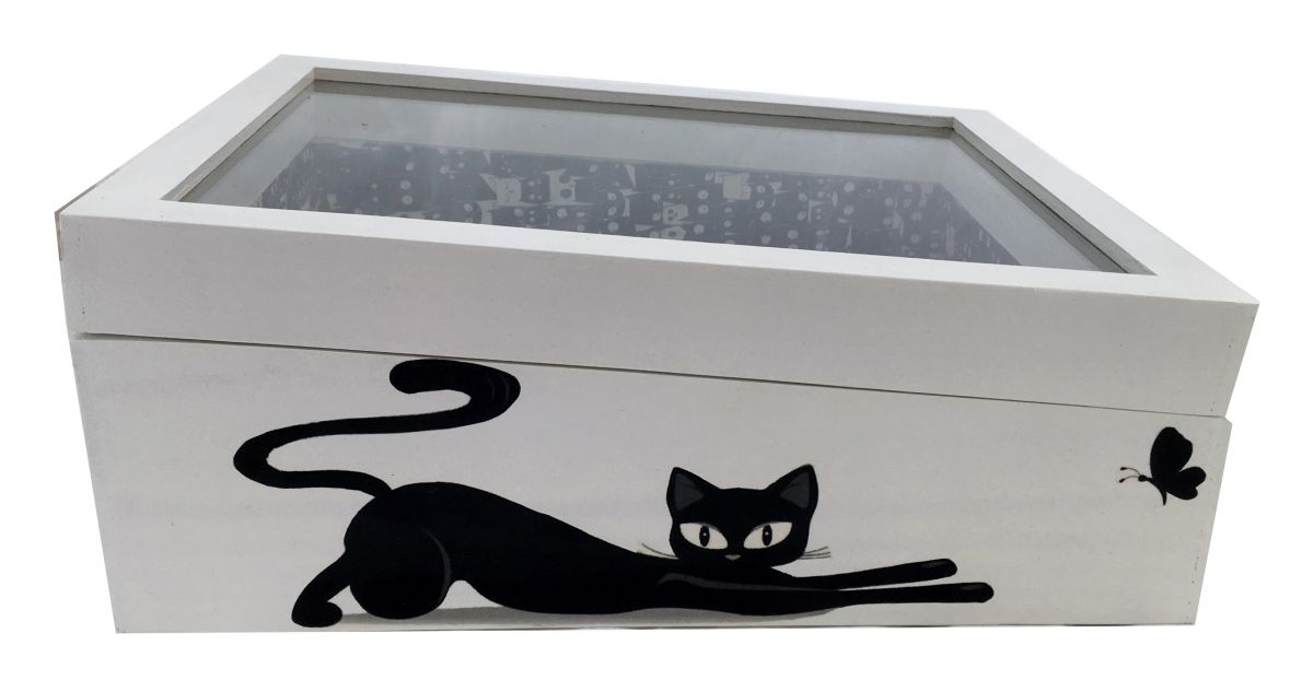 Wooden box inclined and its glass lid. Model : love cat