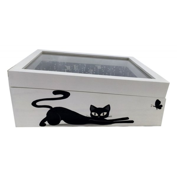 Wooden box inclined and its glass lid. Model : love cat