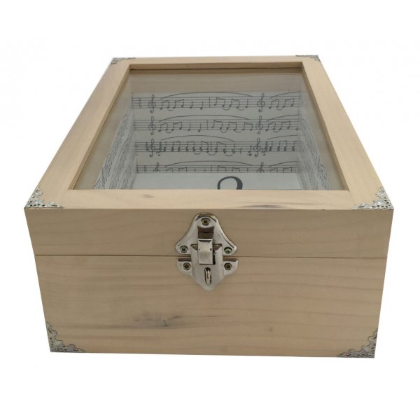 Boite en bois inclin&eacute;e et son couvercle en verre. Model : cl&eacute; musicale