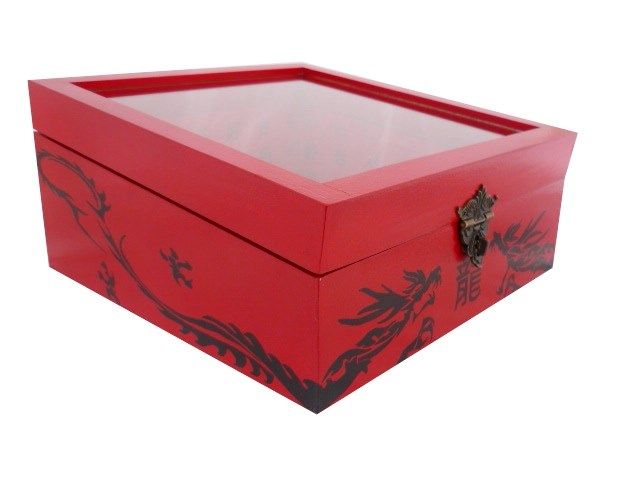 Wooden box inclined and its glass lid. Model : red dragon