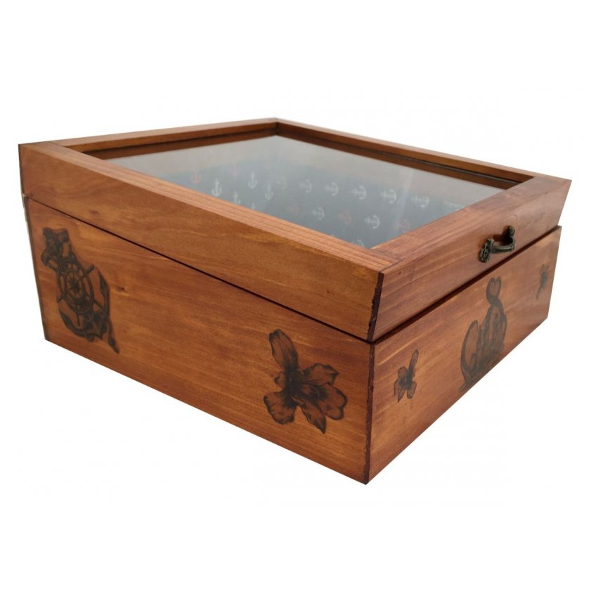 Wooden box inclined and its glass lid. Model: marine anchor.