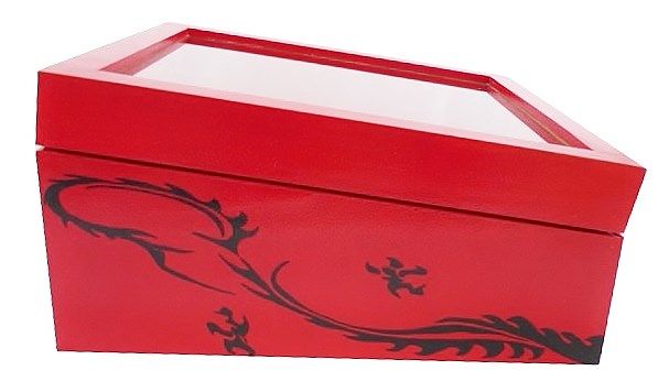 Wooden box inclined and its glass lid. Model : red dragon