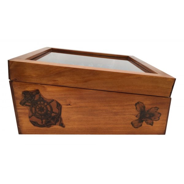 Wooden box inclined and its glass lid. Model: marine anchor.