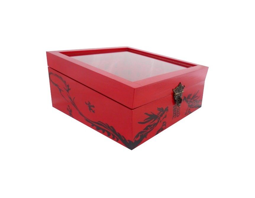 Wooden box inclined and its glass lid. Model : red dragon