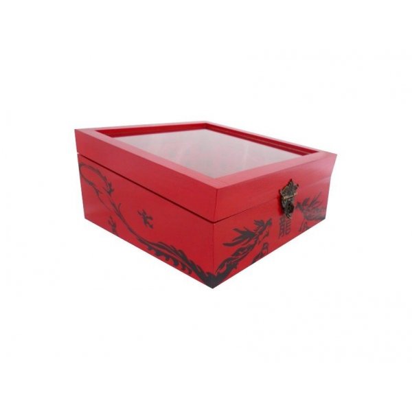 Wooden box inclined and its glass lid. Model : red dragon