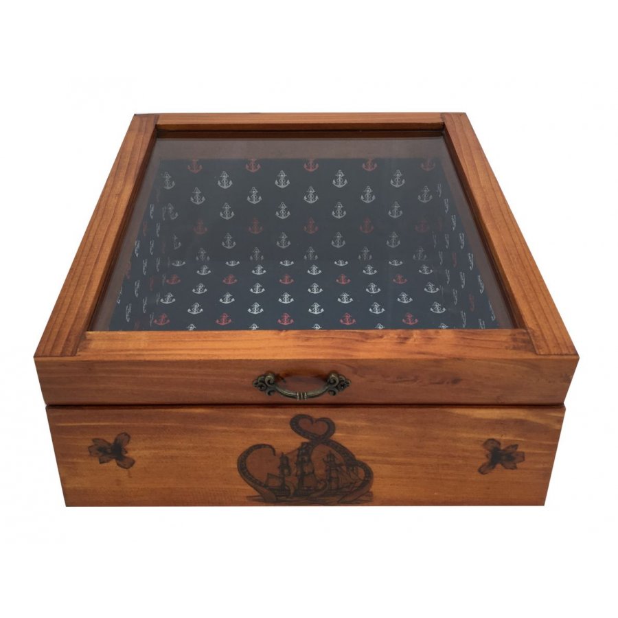 Wooden box inclined and its glass lid. Model: marine anchor.