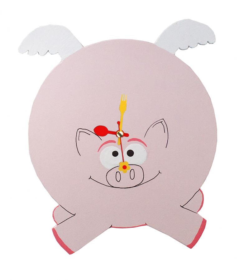 Wooden clock "flying pig" humor