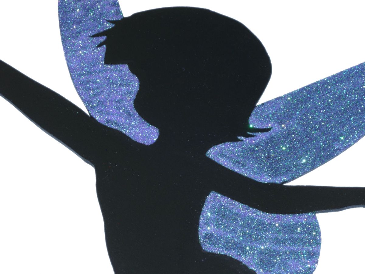 Wooden wall or door sign model : dancing fairy 60x38 Cm Holographic glitter purple green