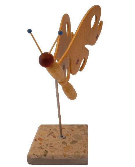 butterfly in beech, cedar and lilac on a base in Italian marble Terrazzo wood sculpture