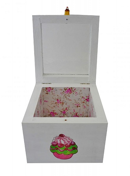 Small solid wood box decorated with white cupcake