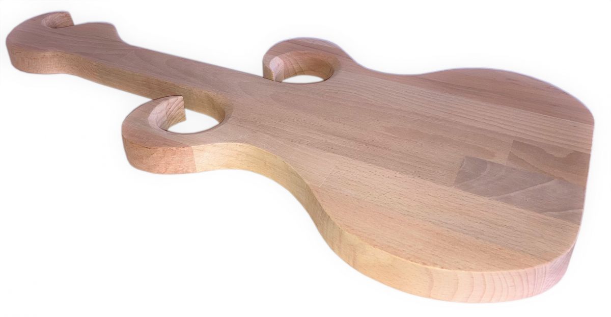 Special cutting board made of natural beech wood FSC model guitar place 2 glasses