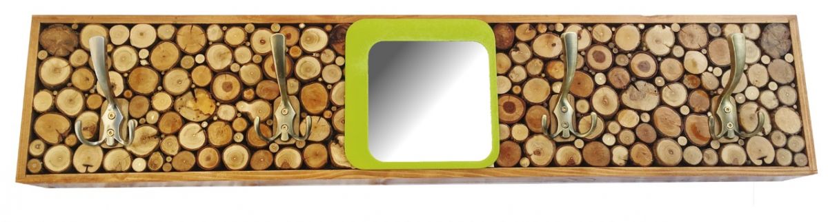 Large rectangular log wall coat rack with mirror