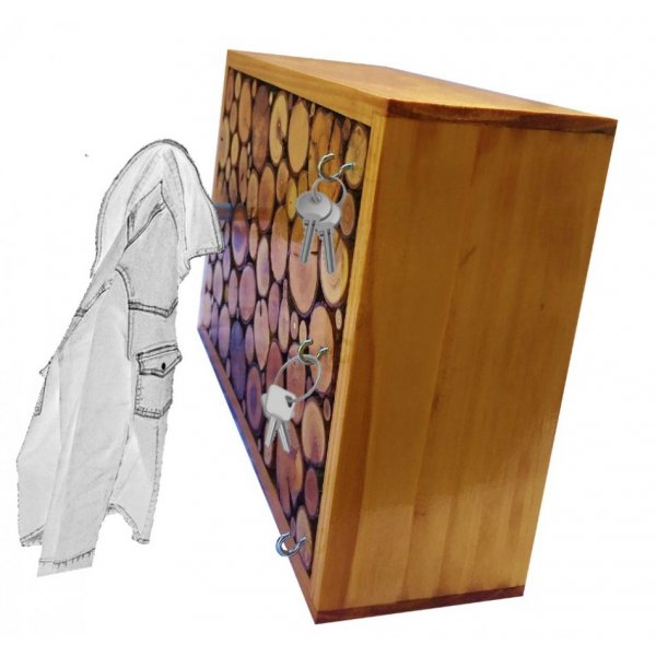 Rectangular wall coat rack made of honey-colored wood log with 1 coat hook and key ring 30x20 cm