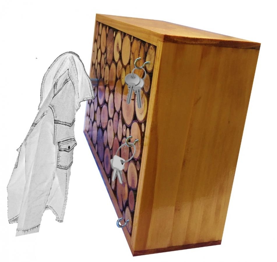 Rectangular wall coat rack made of honey-colored wood log with 1 coat hook and key ring 30x20 cm