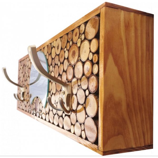 Rectangular wall coat rack made of chestnut colored wood, 2 triple coat hooks and half moon mirror. 60x20