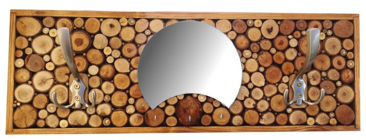 Rectangular wall coat rack made of chestnut colored wood, 2 triple coat hooks and half moon mirror. 60x20