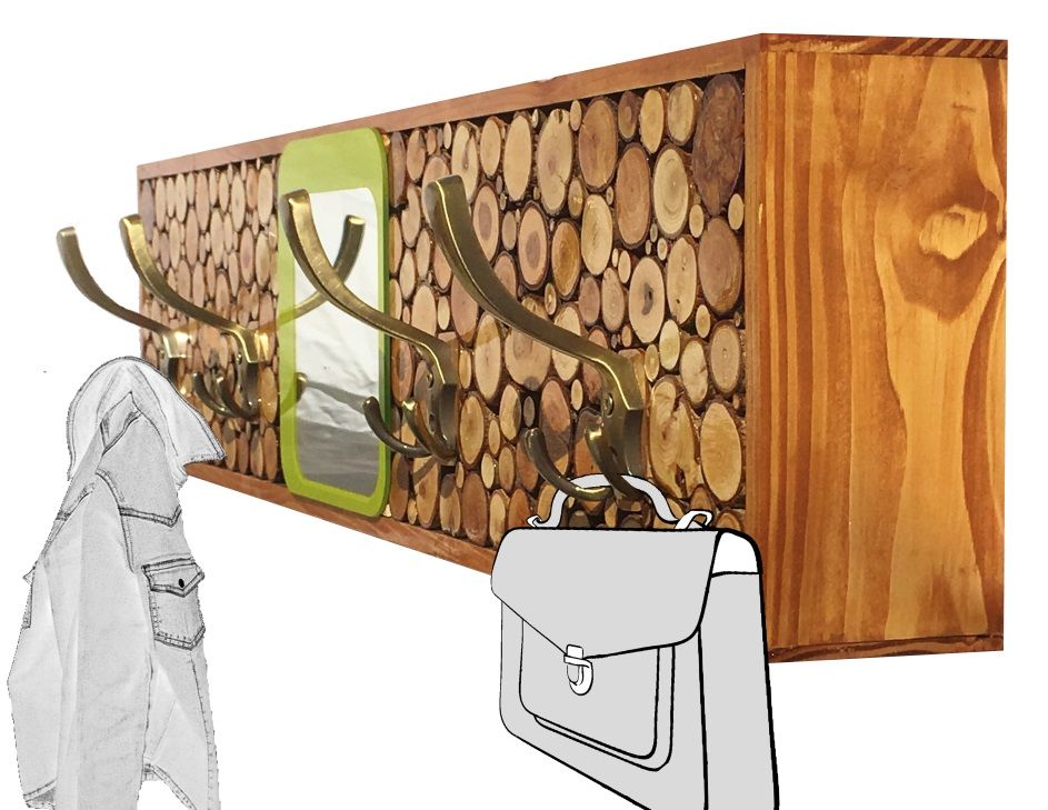 Large rectangular log wall coat rack with mirror