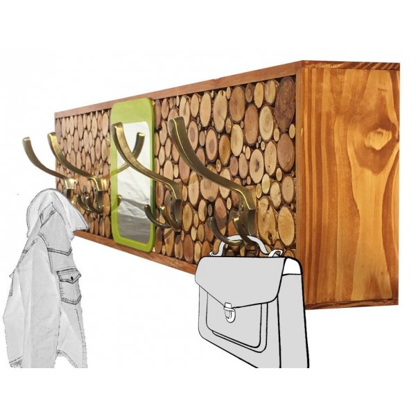 Large rectangular log wall coat rack with mirror