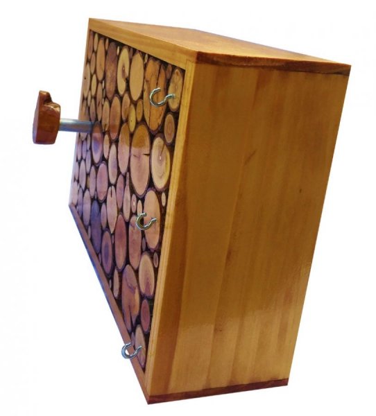 Rectangular wall coat rack made of honey-colored wood log with 1 coat hook and key ring 30x20 cm
