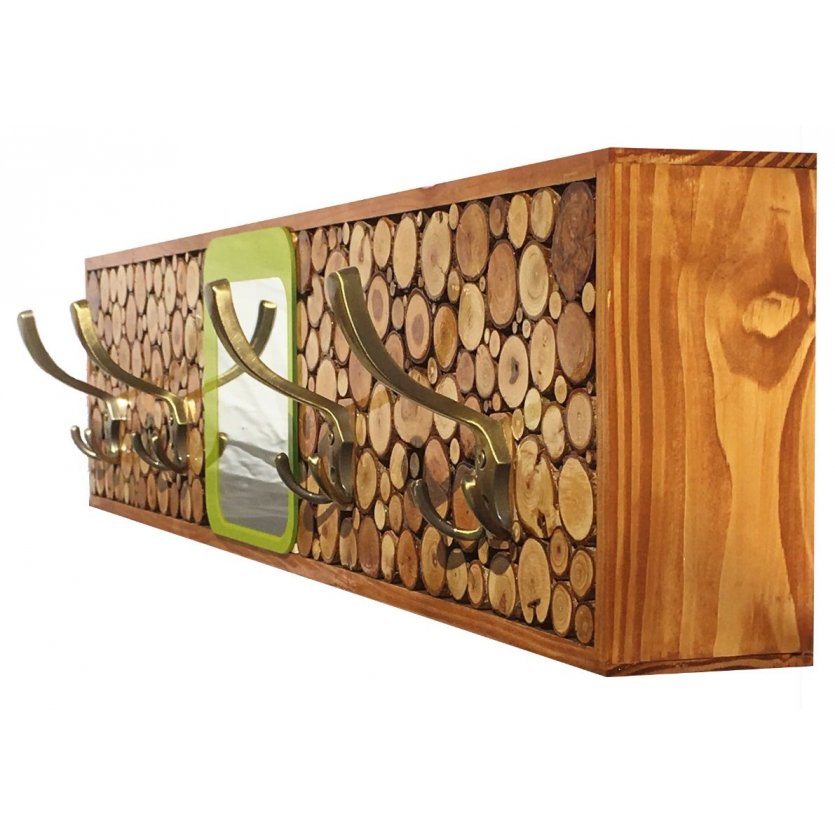 Large rectangular log wall coat rack with mirror