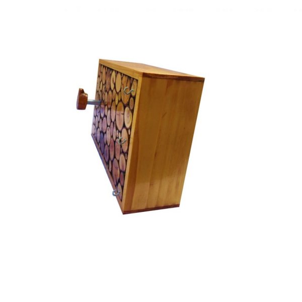 Rectangular wall coat rack made of honey-colored wood log with 1 coat hook and key ring 30x20 cm