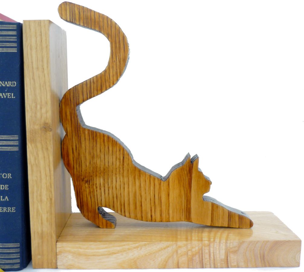 Solid Wood Bookend " Les Chats " In Chestnut, Ash And Oak