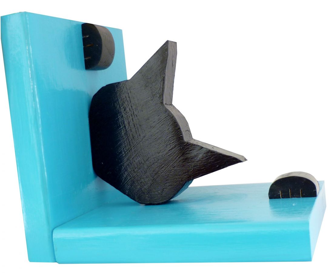 Modern solid wood bookend "Chat espiègle", in Landes pine 