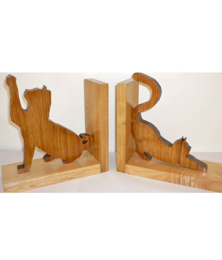 Solid Wood Bookend " Les Chats " In Chestnut, Ash And Oak