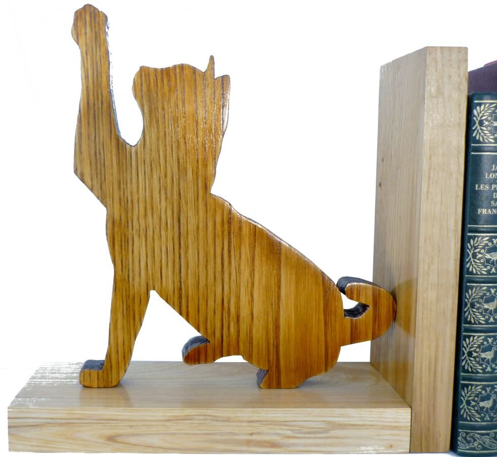 Solid Wood Bookend " Les Chats " In Chestnut, Ash And Oak